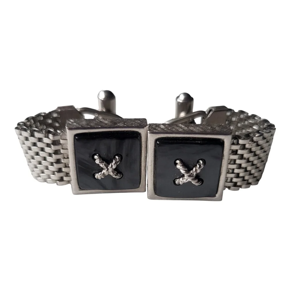 Black Marbled Silver Tone Mesh Chain Cuff Links One Size (11/16 approximate)